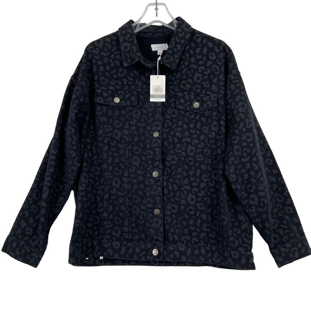 Mud Pie Shaw Boyfriend Jean Jacket Size M Black Leopard Cotton Denim